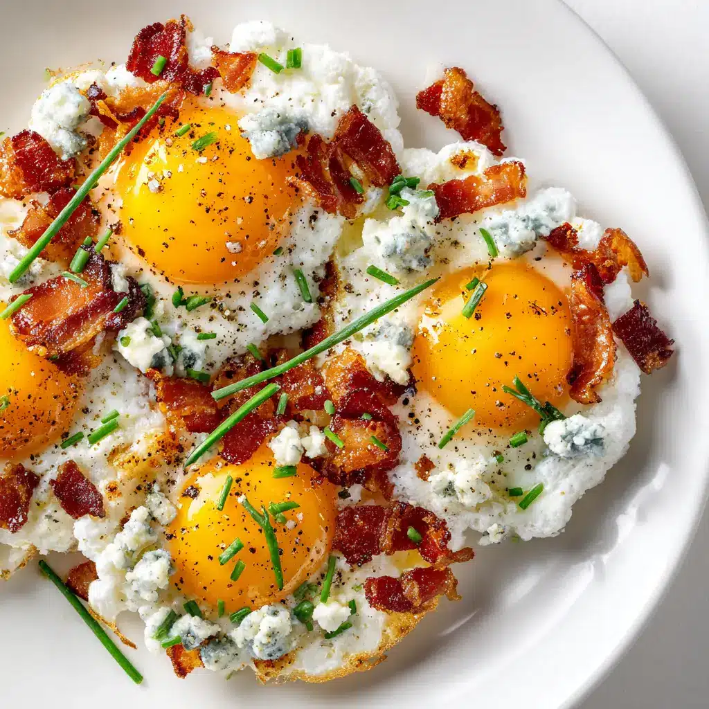 Three golden baked cloud eggs arranged on a rustic plate, garnished with fresh chives. The fluffy egg whites are perfectly formed into nests.