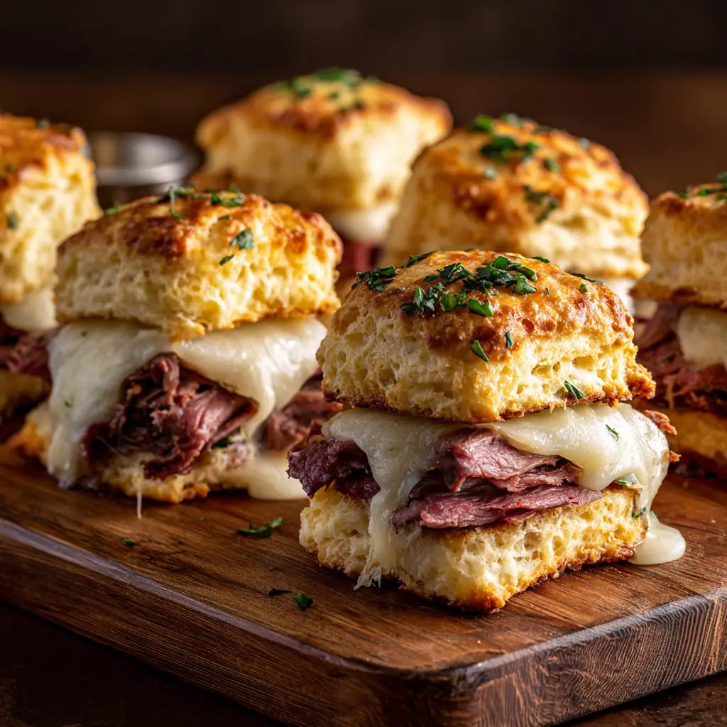 A platter of finished French Dip Biscuits ready for serving, with a small bowl of au jus for dipping in the background. The perfect party appetizer.