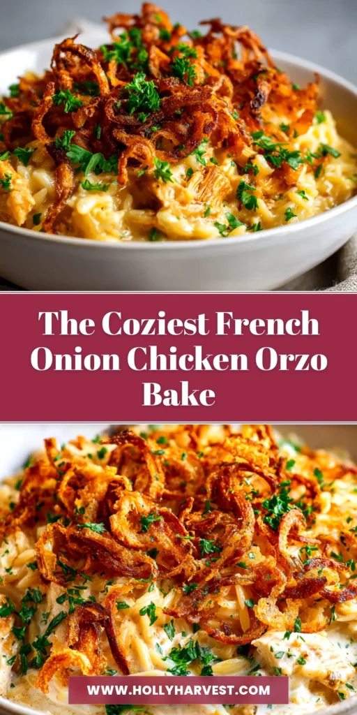 A serving of French Onion Chicken Orzo Casserole in a white bowl, showing the cheesy topping and creamy orzo pasta, with the full casserole dish in the background.