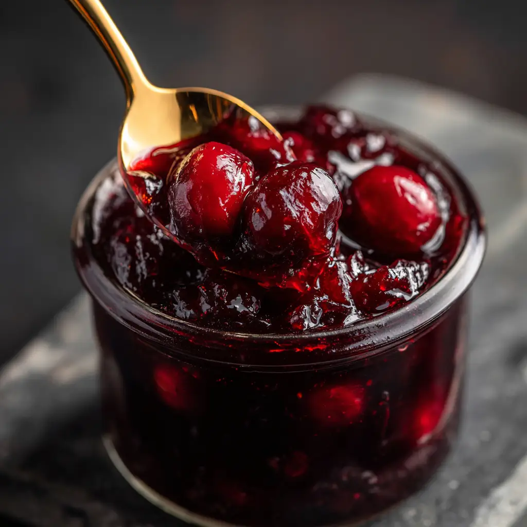 A spoonful of fresh cranberry sauce being lifted from a bowl, showing its glossy finish and vibrant red color.