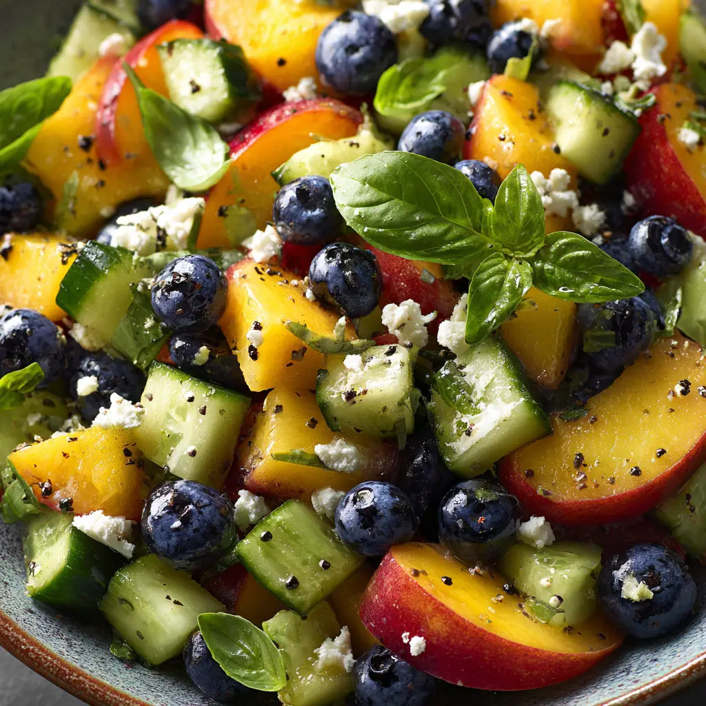 Blueberry Peach Feta Salad with Lemon Vinaigrette 2 A close-up shot of the fresh peach salad, showing the juicy sliced peaches, crumbled feta cheese, and plump blueberries on a bed of greens.