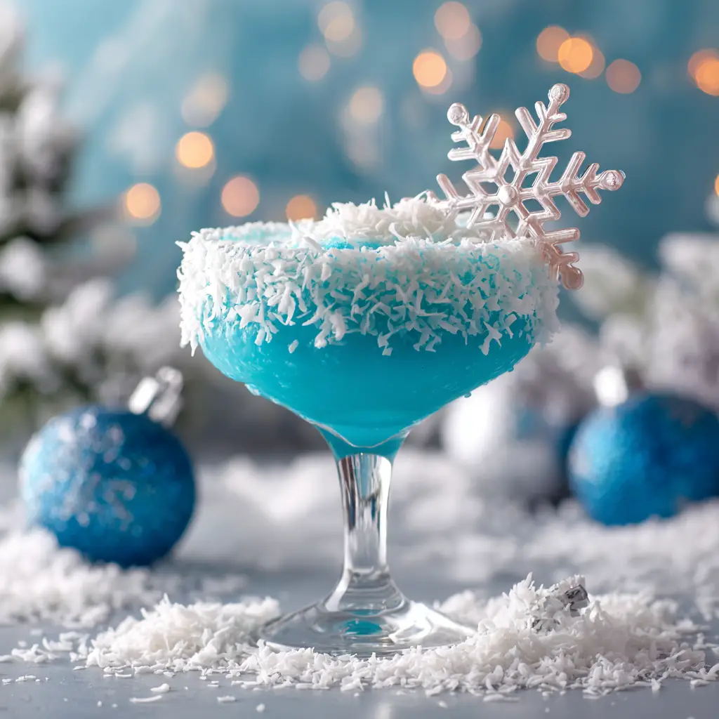 A close-up of a slushy, bright blue winter cocktail being poured into a coconut-rimmed glass.