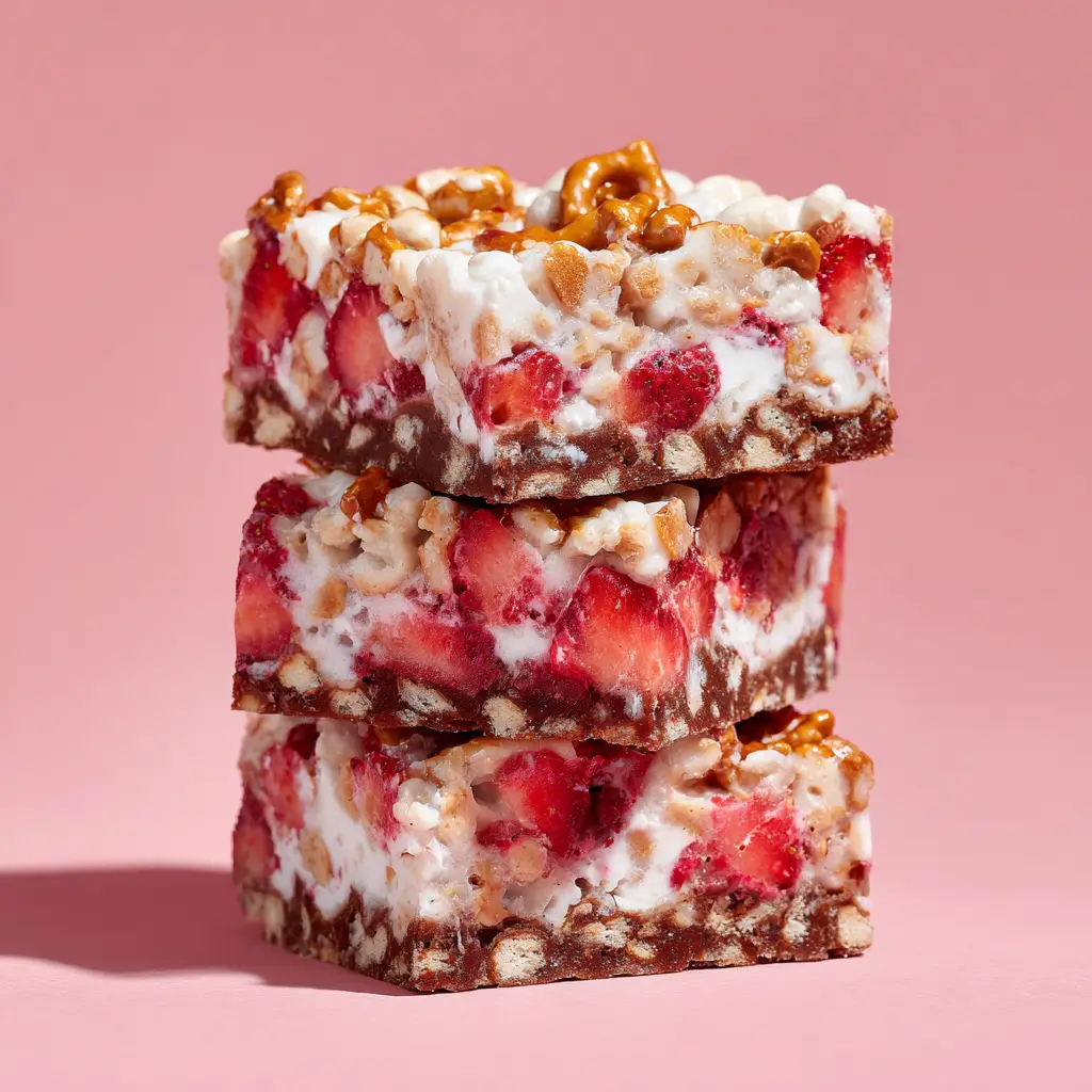 A 9x13 inch baking dish filled with finished Strawberry Pretzel Bars, with one piece removed to show the inside.