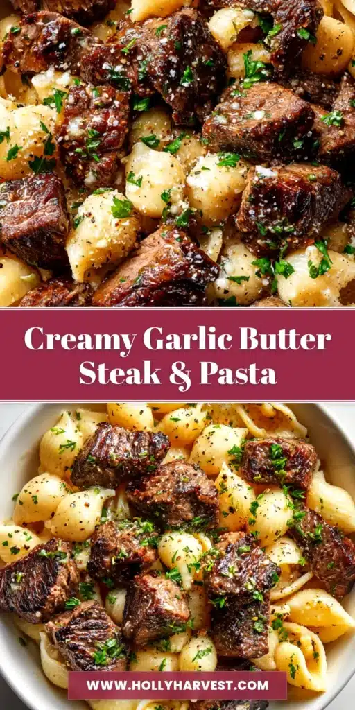 A close-up shot of Garlic Butter Steak Bites in a black cast-iron skillet, garnished with fresh parsley. The steak bites are glistening with butter sauce.