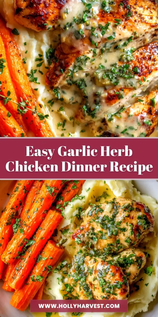 A perfectly cooked Garlic Herb Chicken breast sliced on a white plate, revealing a juicy interior. The chicken is garnished with fresh herbs and a lemon wedge, ready for a delicious weeknight dinner.