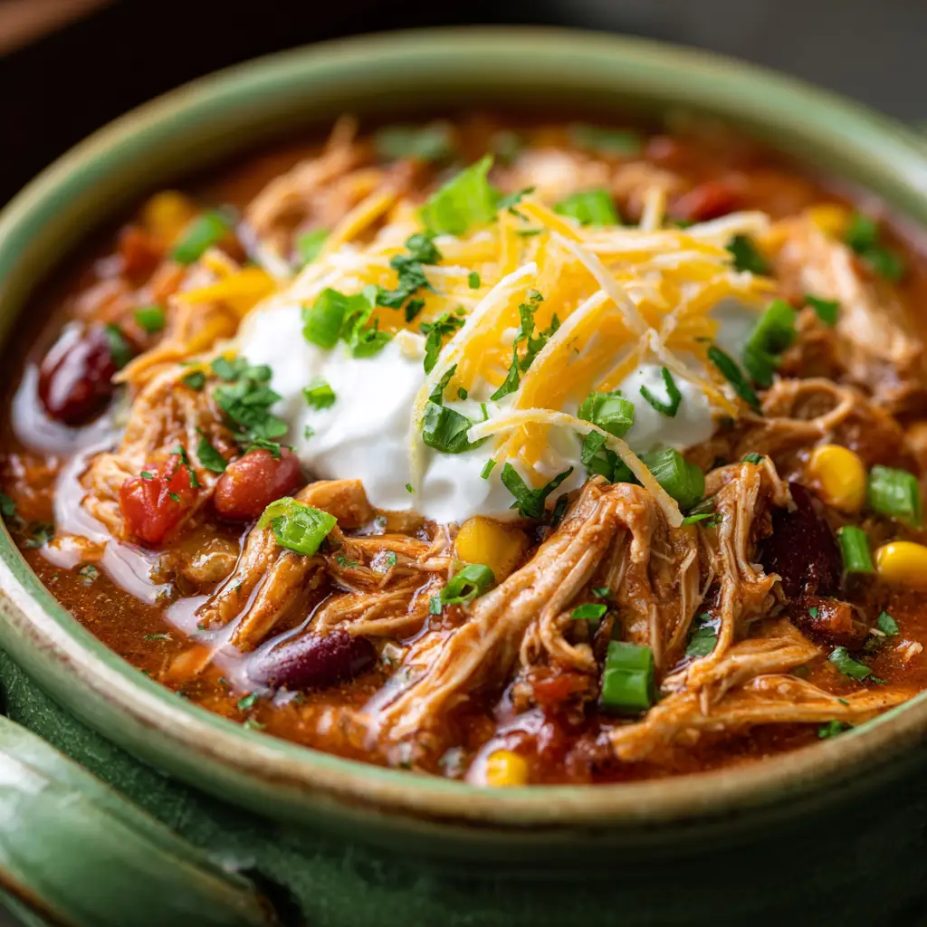 Crockpot Cream Cheese Chicken Chili (The Easiest, Creamiest Recipe!) 1 A bowl of crockpot chicken chili with cream cheese, garnished with fresh toppings like cilantro and shredded cheese.