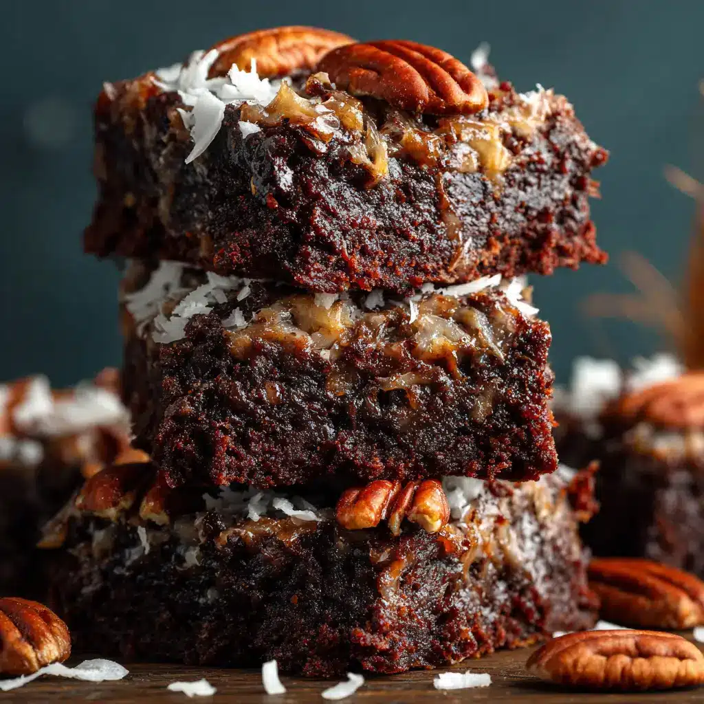 A beautiful shot of a finished German Chocolate Pecan Brownie, with the glossy coconut-pecan frosting spread perfectly over the top.