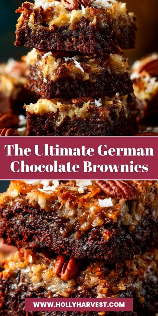 A delicious stack of German Chocolate Pecan Brownies, showing the rich brownie base and the thick, gooey coconut-pecan frosting on top. Perfect for a decadent dessert idea.