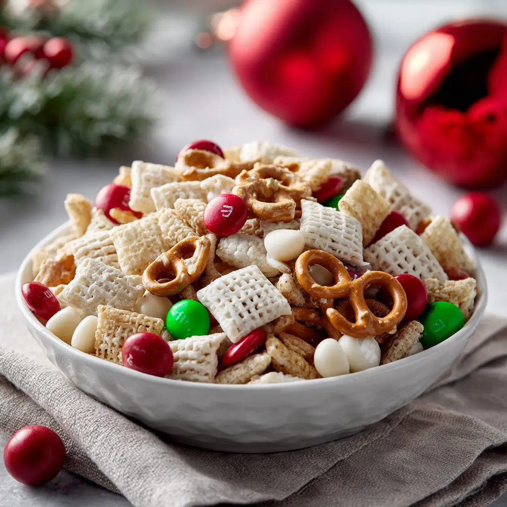 The ingredients for Gluten Free Reindeer Chow, including Chex cereal, chocolate chips, and peanut butter, arranged on a kitchen counter.