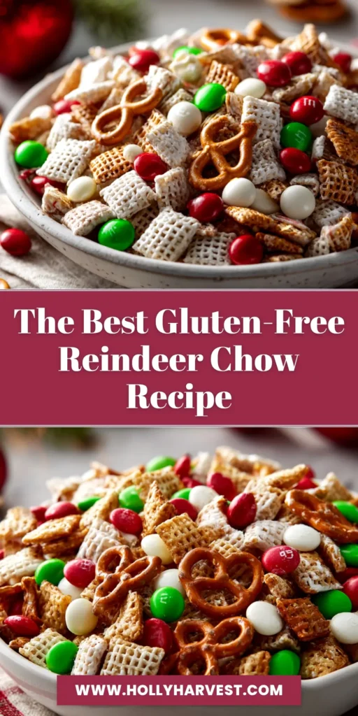 A large bowl of Gluten Free Reindeer Chow, also known as puppy chow, with red and green M&Ms and festive sprinkles, ready for a holiday party.