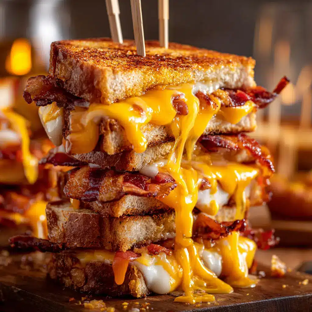 A stack of golden-brown bacon wrapped grilled cheese sandwiches, showcasing the perfectly melted cheese oozing from the side.