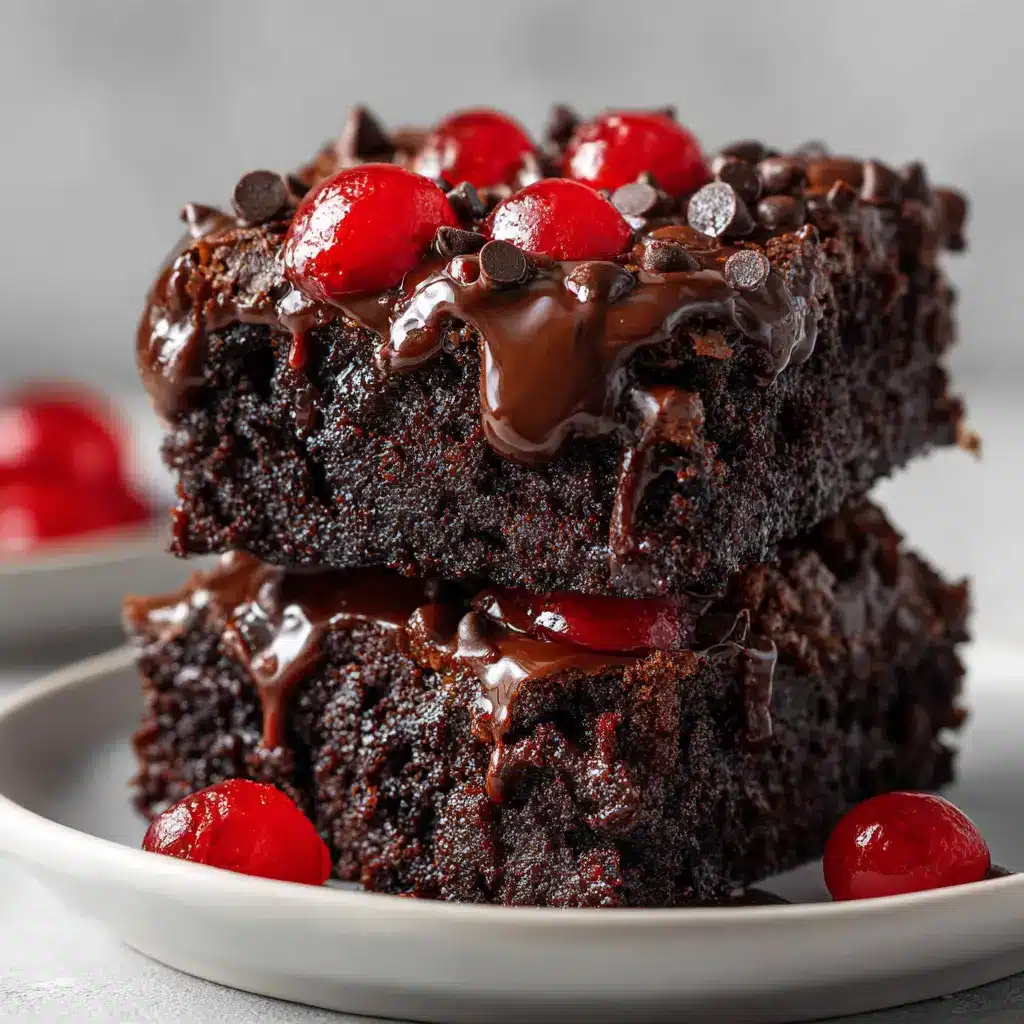 A piece of a fudgy cherry brownie being lifted with a fork, emphasizing the gooey, melted chocolate chips and soft interior.