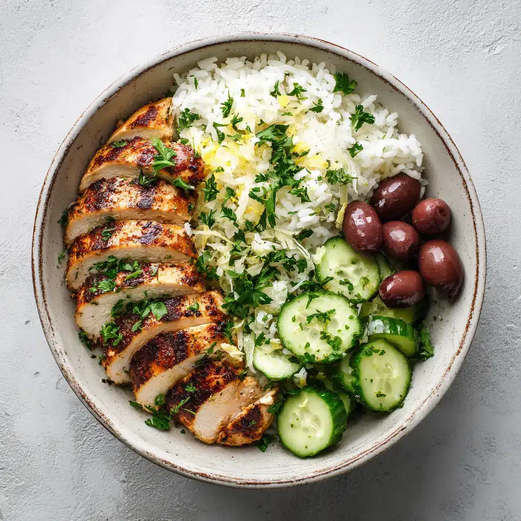 Greek Chicken Power Bowl (Easy & Healthy Meal Prep) 2 A close-up of a fully assembled Mediterranean chicken bowl in a rustic, light-colored bowl, showing the texture of the quinoa, chicken, and fresh vegetables.