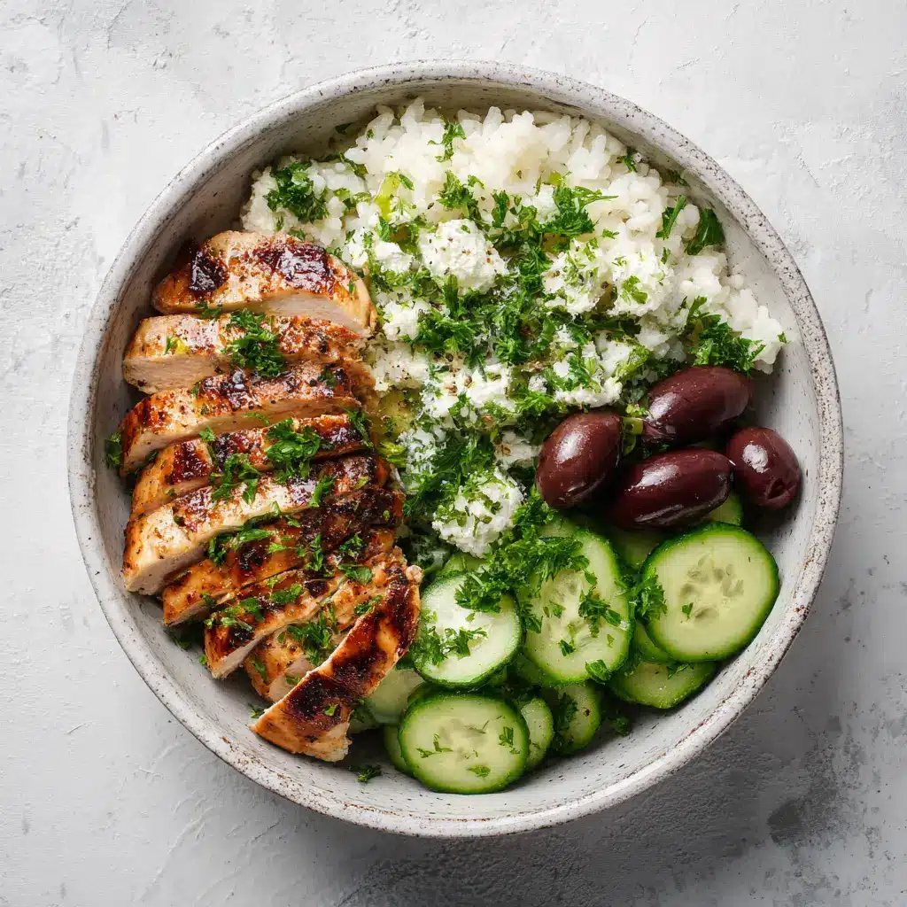 Greek Chicken Power Bowl (Easy & Healthy Meal Prep) 1 The components of the Greek Chicken Power Bowl laid out, including the grilled chicken, a bowl of homemade tzatziki, and chopped vegetables, ready for assembly.