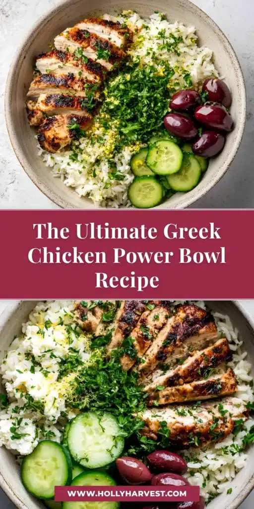 Greek Chicken Power Bowl (Easy & Healthy Meal Prep) 3 An overhead shot of a delicious Greek Chicken Power Bowl, featuring grilled chicken, quinoa, tomatoes, cucumbers, and a drizzle of tzatziki sauce. A perfect healthy meal prep idea.