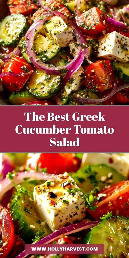 A vibrant and fresh Greek Cucumber Tomato Salad in a white bowl, showcasing chunky tomatoes, cucumbers, and feta. The perfect authentic Horiatiki salad recipe.