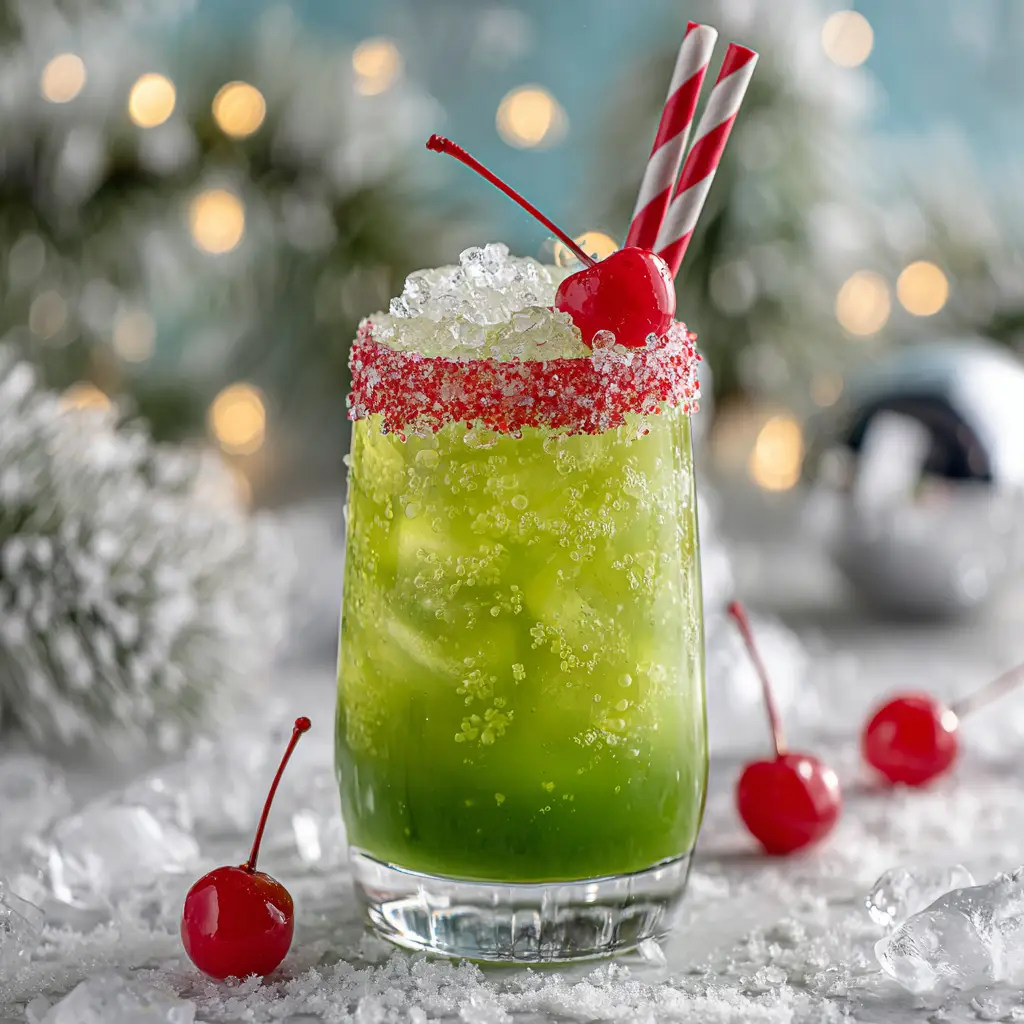 A bright green Christmas cocktail served in a martini glass with a cherry garnish, representing the Grinch cocktail.