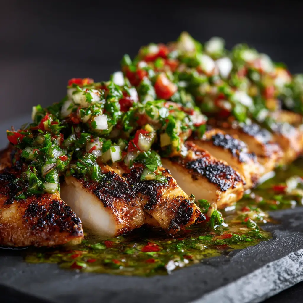 Grilled Salsa Verde Chicken: Juicy, Tangy, and Irresistibly Easy 2 An extreme close-up of a grilled chicken breast coated in salsa verde, showing the beautiful char marks from the grill.