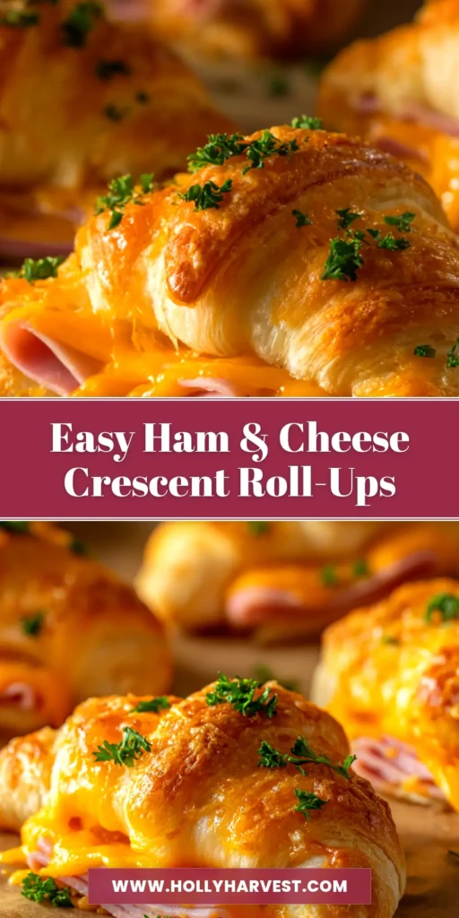 A platter of golden-brown baked ham and cheese crescent rolls, garnished with parsley. This easy recipe is the perfect party appetizer.