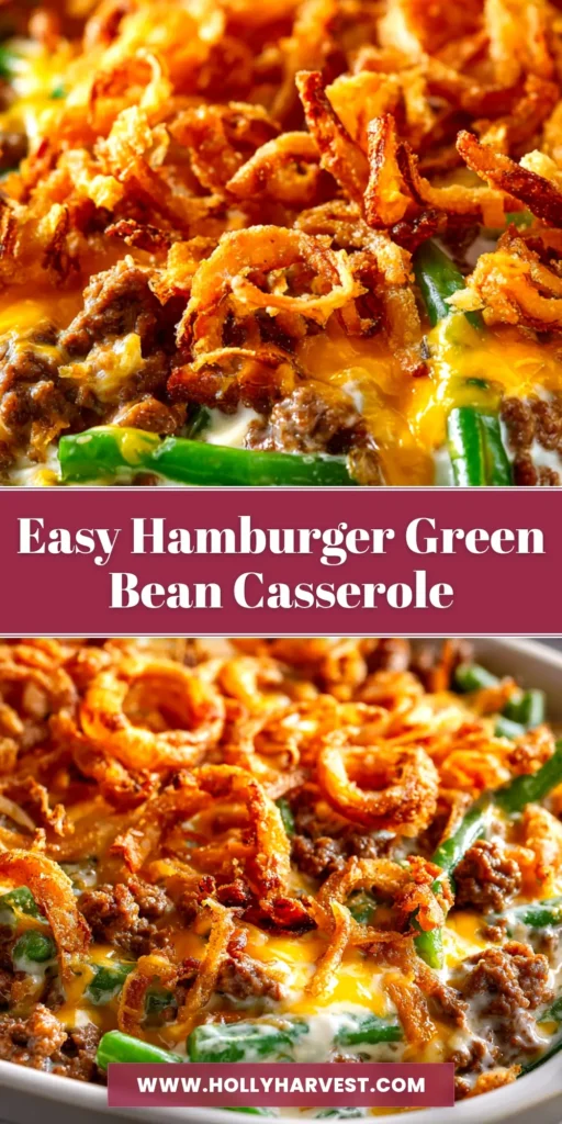 A delicious hamburger green bean casserole in a white baking dish, topped with melted cheese and crispy fried onions. The perfect comfort food dinner idea.