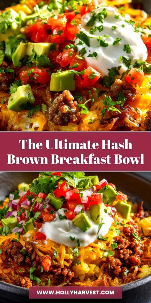 Hash Brown Breakfast Bowls: The Ultimate Customizable Recipe 4 A vibrant overhead shot of hash brown breakfast bowls, loaded with crispy potatoes, fluffy scrambled eggs, savory sausage, and fresh avocado. The perfect easy and customizable breakfast recipe.