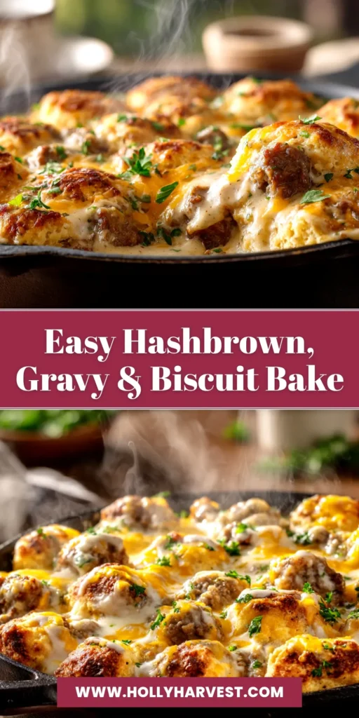 A delicious slice of Hashbrown Biscuit Bake on a white plate. This breakfast casserole with eggs, sausage, and cheese is the perfect savory brunch recipe.