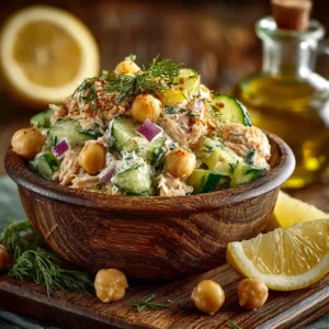 A bright and healthy tuna chickpea salad served in a ceramic bowl, showcasing fresh parsley and red onion.