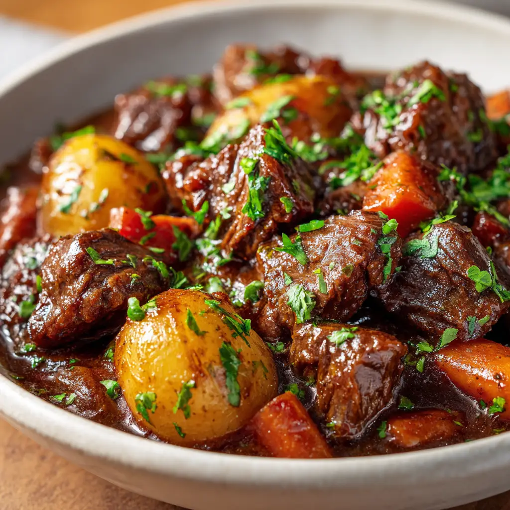 Crockpot Beef Stew: The Ultimate Comfort Food Recipe 2 A beautiful overhead shot of hearty beef stew simmering in a crockpot, surrounded by fresh ingredients like carrots, potatoes, and herbs.