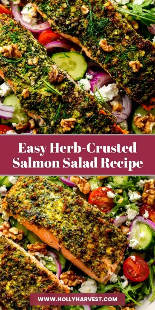 A close-up shot of a beautiful Herb-Crusted Salmon Salad on a white plate, showcasing the golden-brown crust and fresh greens.