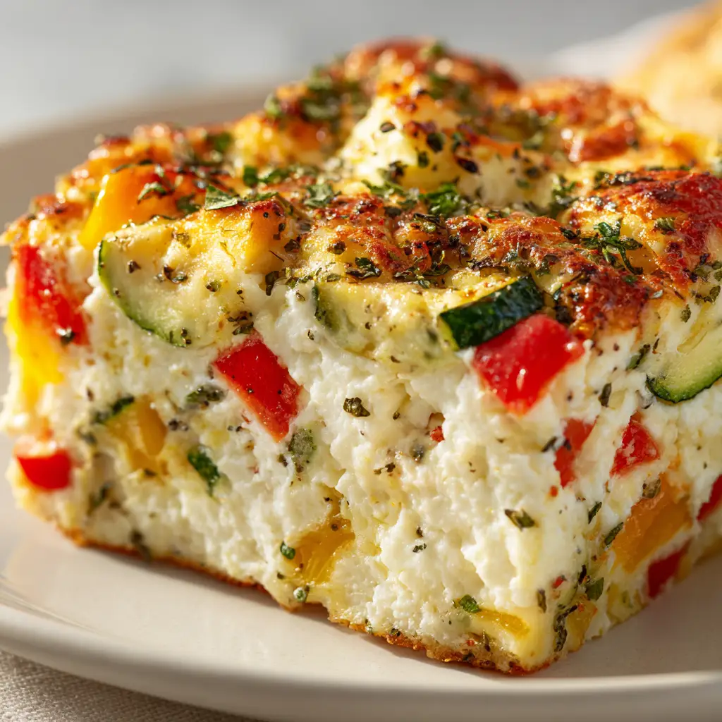 Cottage Cheese and Veggie Bake (The Ultimate Healthy Recipe) 1 A freshly baked slice of the high-protein vegetarian recipe, with steam rising from the golden-brown top.