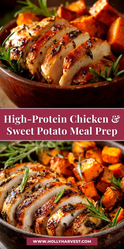 An overhead shot of four high-protein meal prep containers filled with spicy honey-garlic chicken, quinoa, and roasted broccoli and bell peppers.