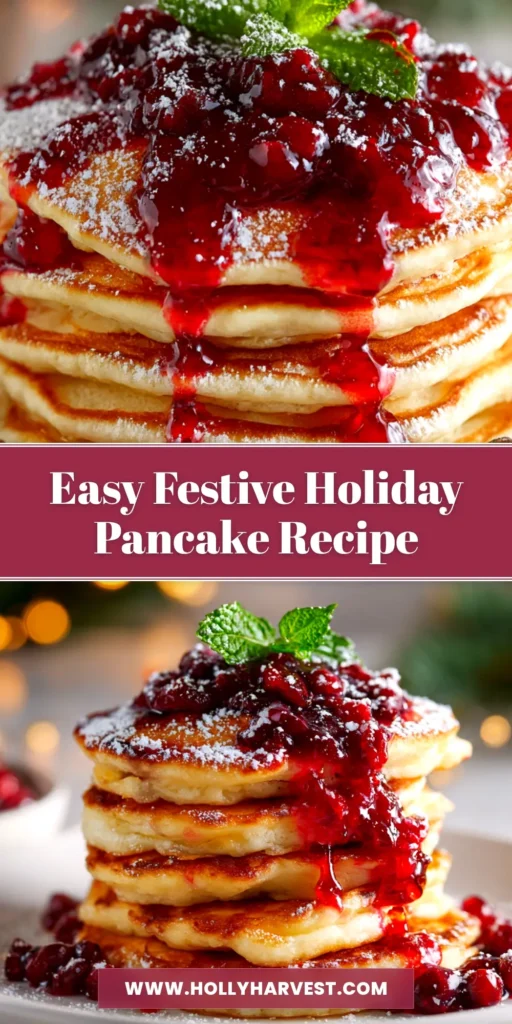 A tall, beautiful stack of fluffy Holiday Pancakes, garnished with festive red and green sprinkles, a dollop of whipped cream, and a drizzle of maple syrup, perfect for a Christmas morning breakfast.