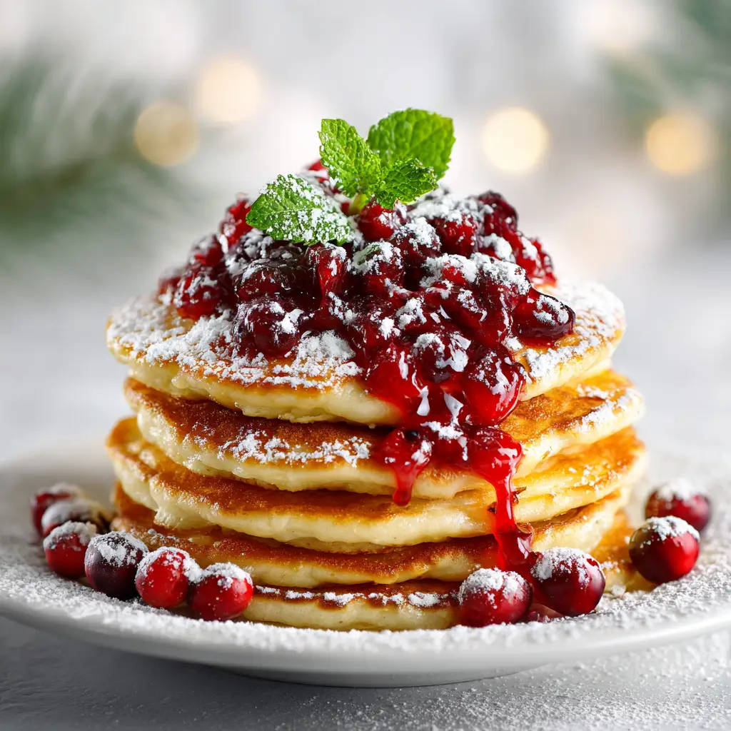 A close-up shot of holiday pancakes being drizzled with maple syrup, showing the delicious texture and steam rising from the warm stack.