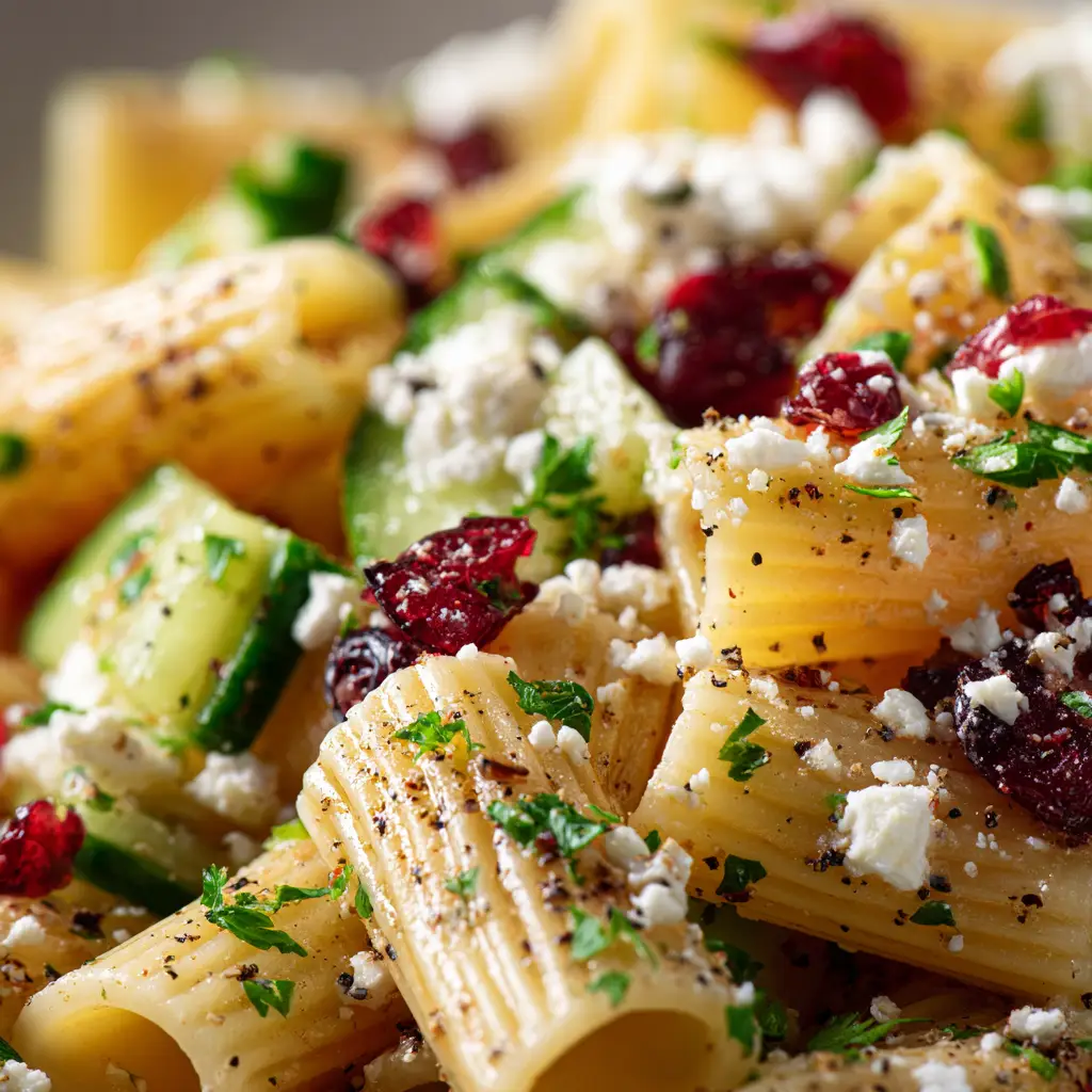 A spoonful of the holiday pasta salad with cranberries and feta, showing the perfect combination of ingredients in a single serving.