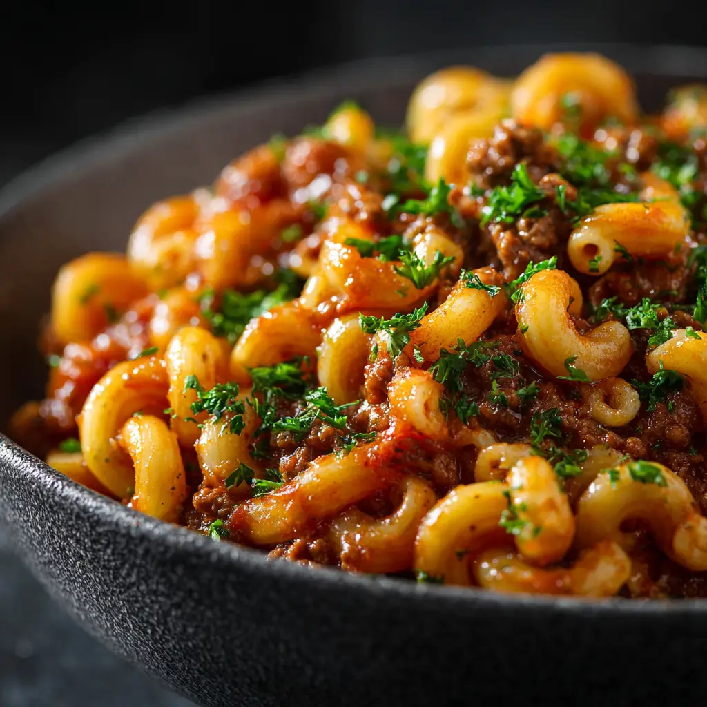 A close-up spoonful of homemade beefaroni, showing the tender macaroni, seasoned ground beef, and creamy cheddar cheese sauce.