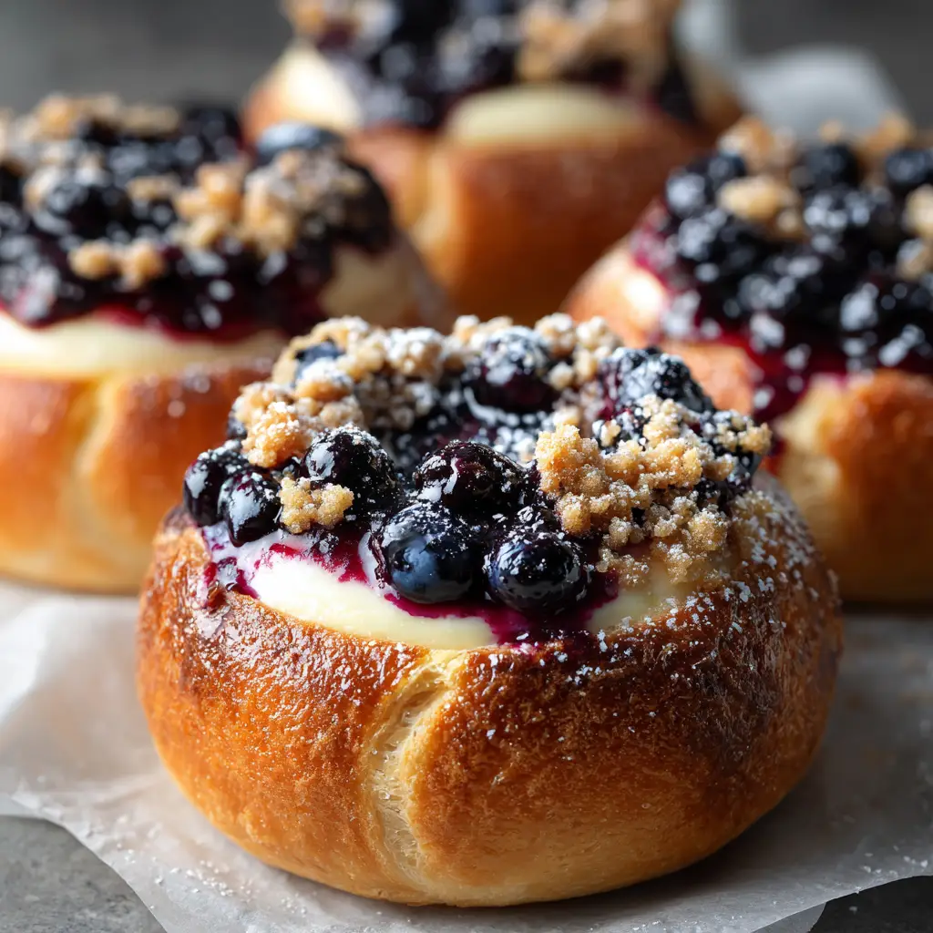A tray of homemade blueberry sweet rolls fresh from the oven, with golden tops and bubbly filling.