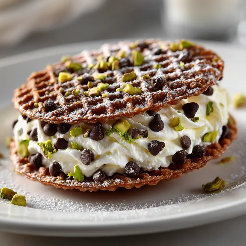 Freshly baked chocolate pizzelle cookies cooling on a wire rack before being assembled into sandwiches.