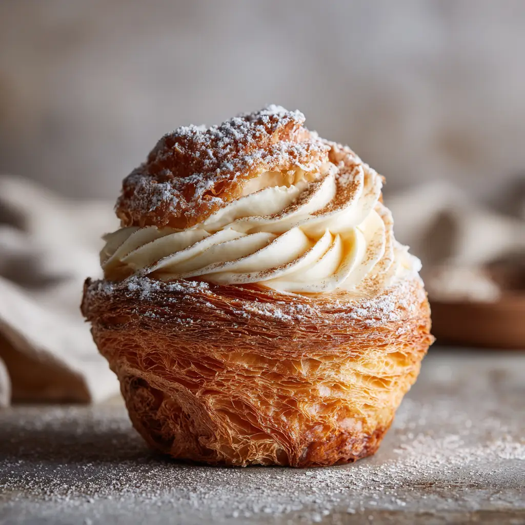 Cinnamon Cruffins: The Ultimate Croissant Muffin Hybrid 2 An extreme close-up of a homemade cruffin, highlighting the delicate, buttery, and flaky layers achieved with this simple recipe.