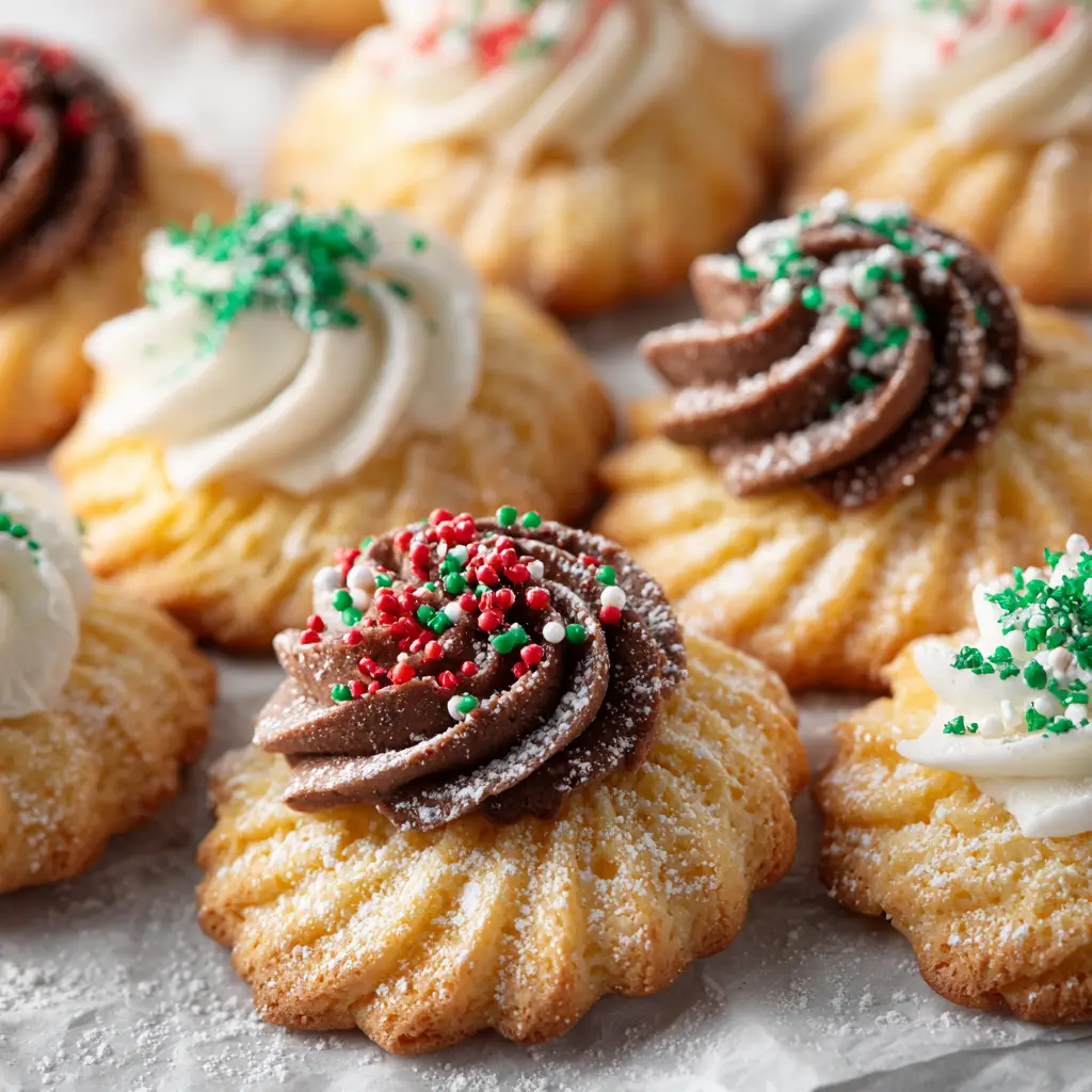 Danish Butter Cookies: The Ultimate Authentic Recipe 2 A close-up shot of a stack of homemade Danish butter cookies, highlighting their crisp, golden-brown edges and sugary texture.