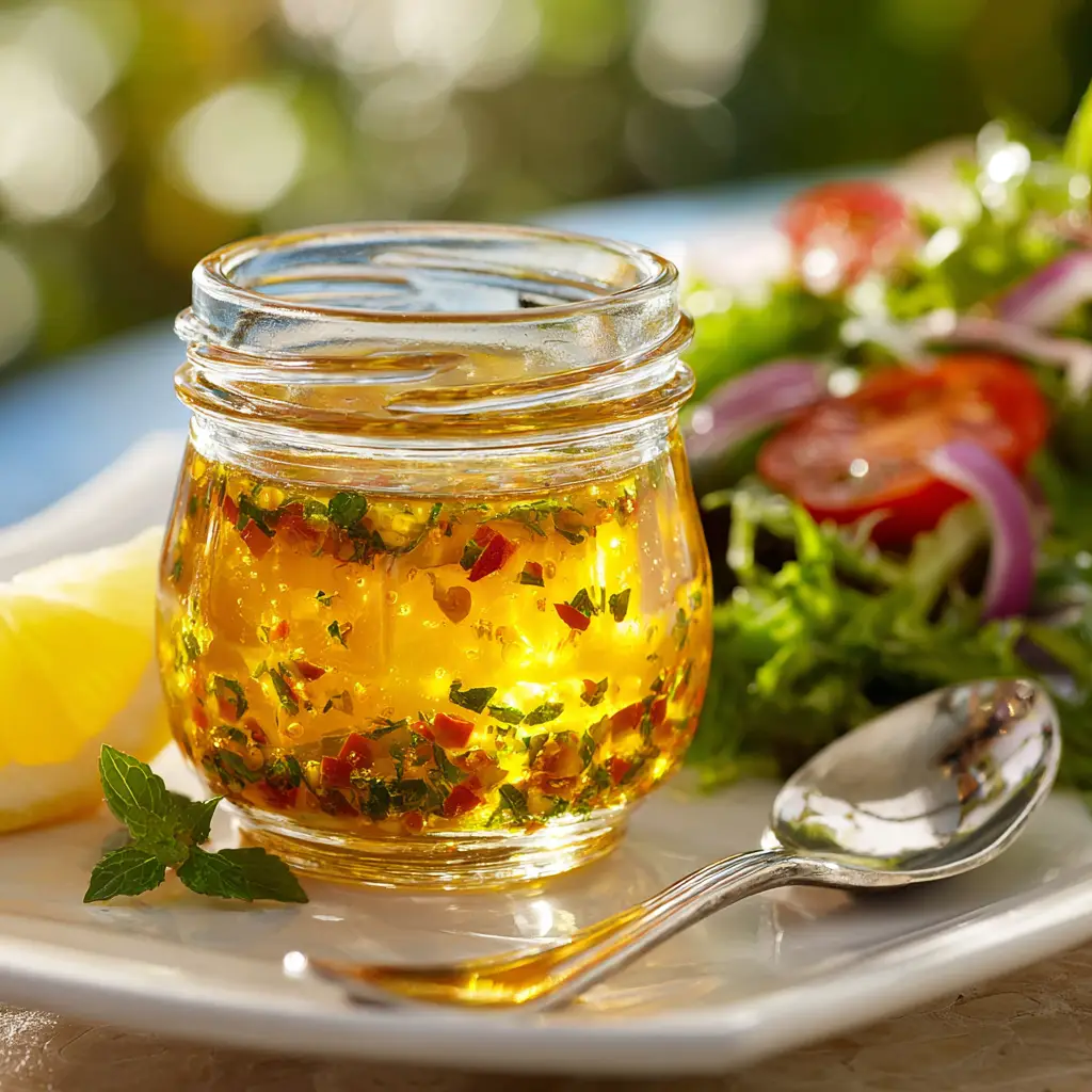 An extreme close-up of a homemade lemon vinaigrette showing the emulsified texture of olive oil and fresh lemon juice.
