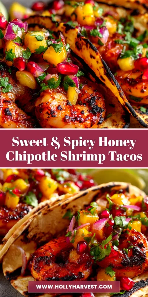 An overhead shot of three Honey Chipotle Shrimp Tacos on a plate, topped with cilantro lime slaw and cotija cheese. The perfect sweet and spicy shrimp taco recipe.