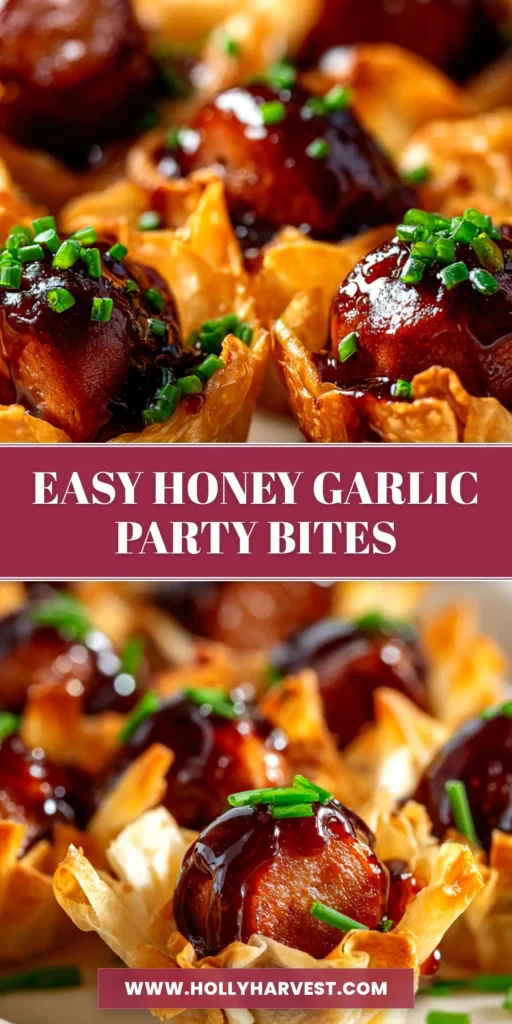 A bowl of delicious Honey Garlic Lil' Smokies ready for a party. The cocktail sausages are coated in a thick, glossy sauce and garnished with green onions.