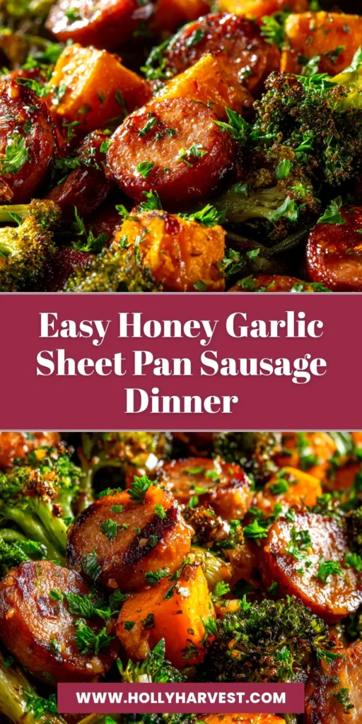 A top-down view of a delicious honey garlic sheet pan sausage dinner with broccoli, red peppers, and onions, drizzled with a savory sauce.