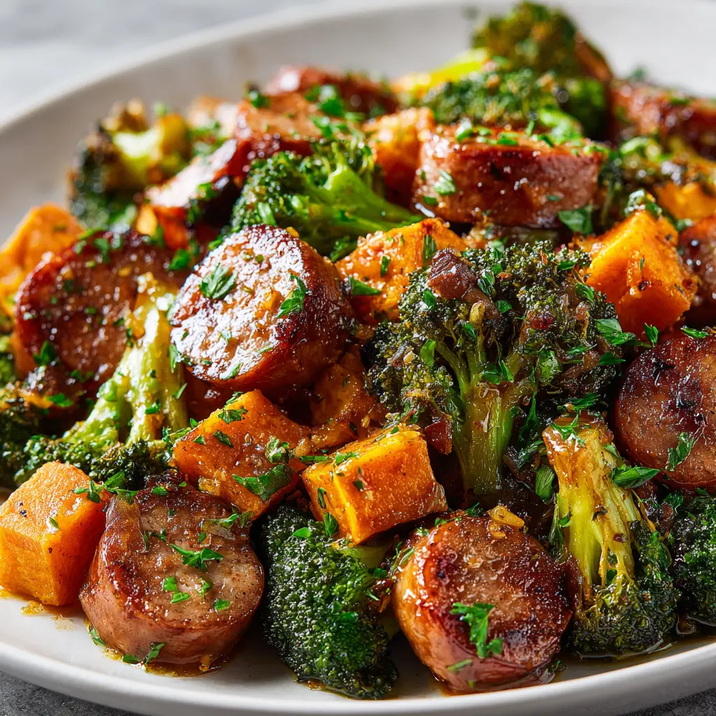 A plate of the finished one-pan sausage recipe, ready to eat, highlighting the vibrant colors of the bell peppers and broccoli.