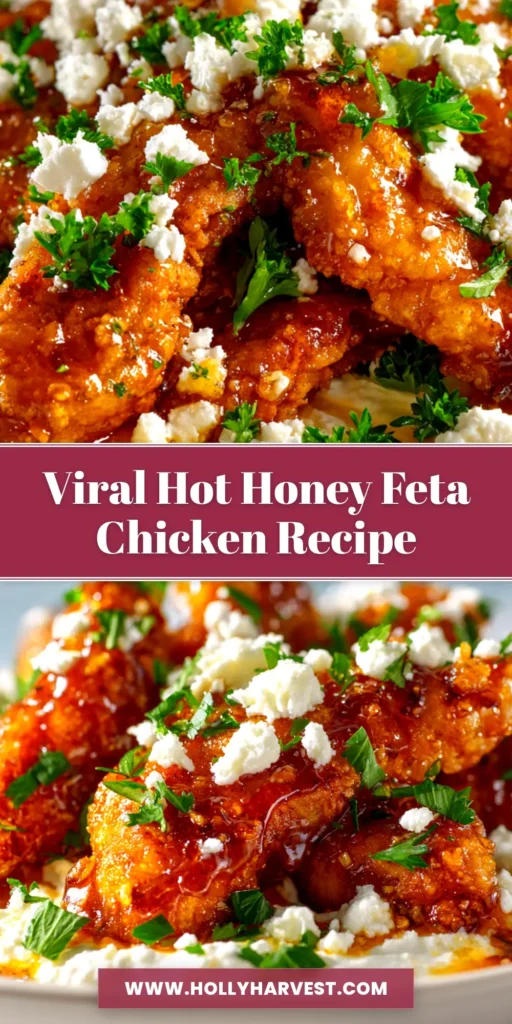Hot Honey Feta Chicken: The Perfect Sweet & Spicy Dinner 4 An overhead shot of Hot Honey Feta Chicken in a white baking dish. The golden-brown chicken is surrounded by burst cherry tomatoes and a creamy feta sauce, garnished with fresh parsley.