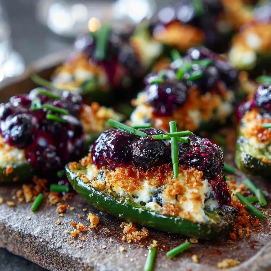 A tray of assembled blueberry brie jalapeno poppers before baking, showing the bacon wrap and dollop of blueberry sauce.