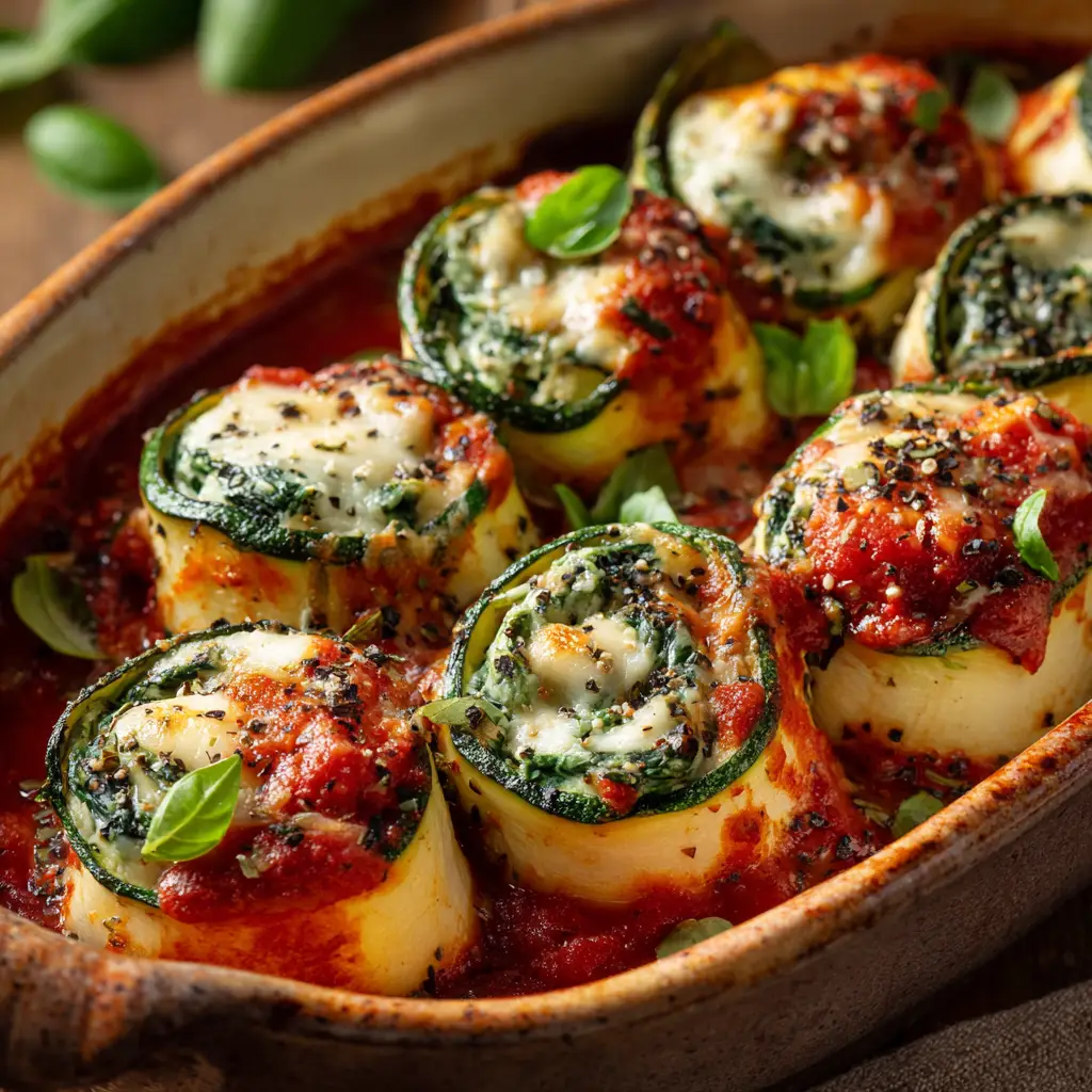Vegan Zucchini Spinach Rollatini: The Ultimate Comfort Dish 1 A close-up shot of the Vegan Zucchini Spinach Rollatini being assembled in a baking dish before going into the oven, covered in marinara sauce.