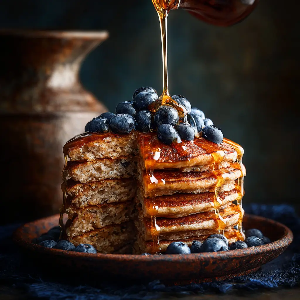 A shot of the simple ingredients for flourless pancakes: two ripe bananas, two eggs, and a small bowl of baking powder.