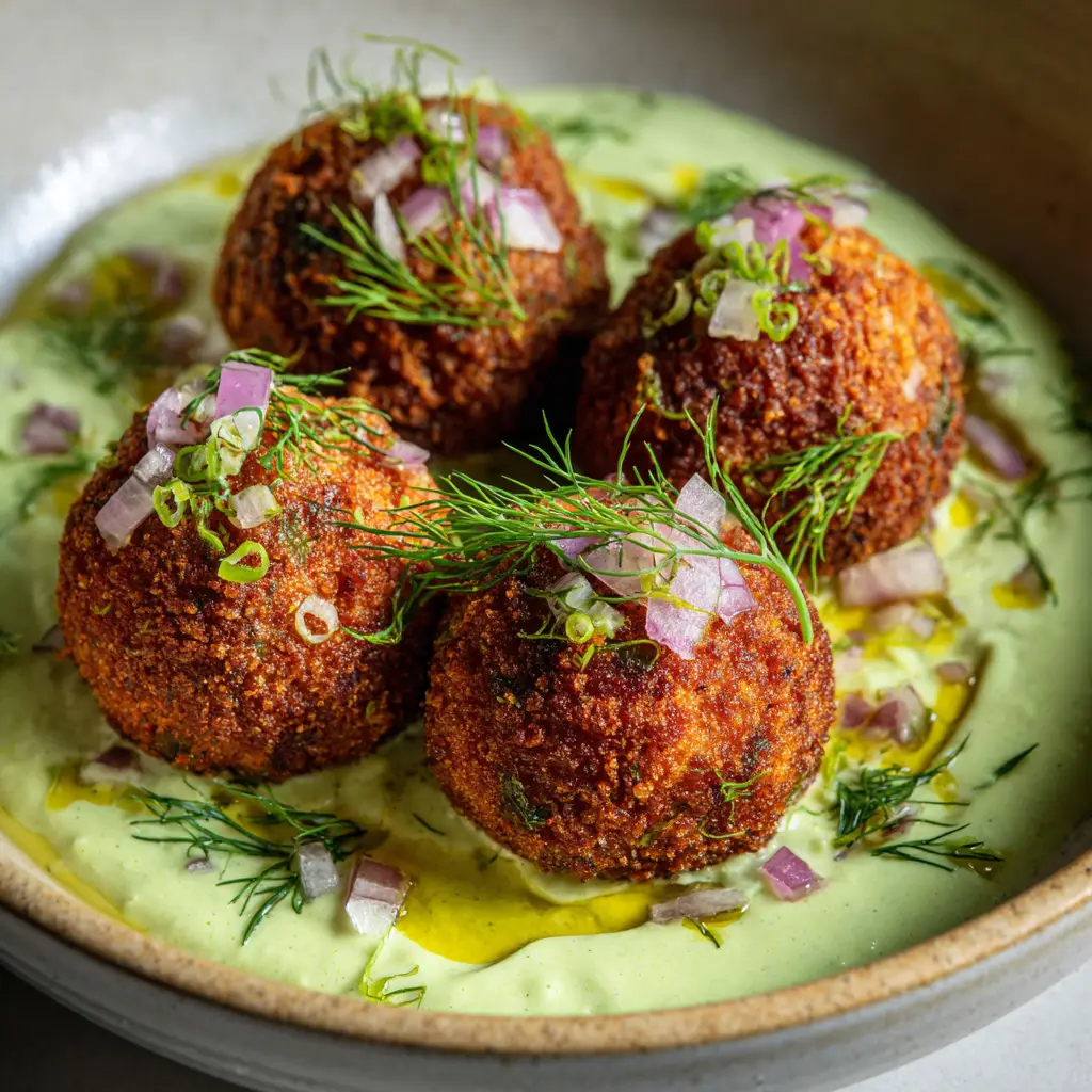 A fresh salmon ball broken in half to show the flaky, tender interior filled with herbs and salmon.