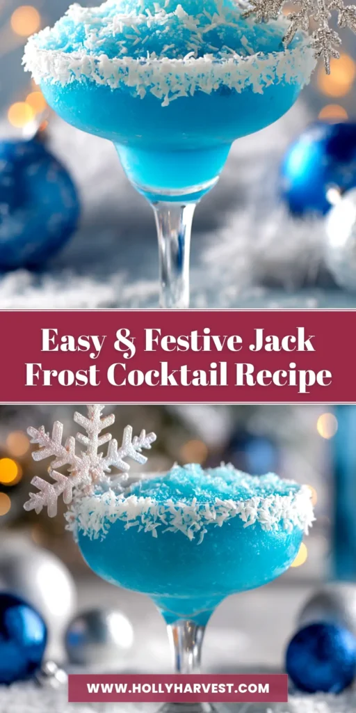 A vibrant blue Jack Frost Cocktail in a coupe glass with a festive coconut rim, garnished with a snowflake.